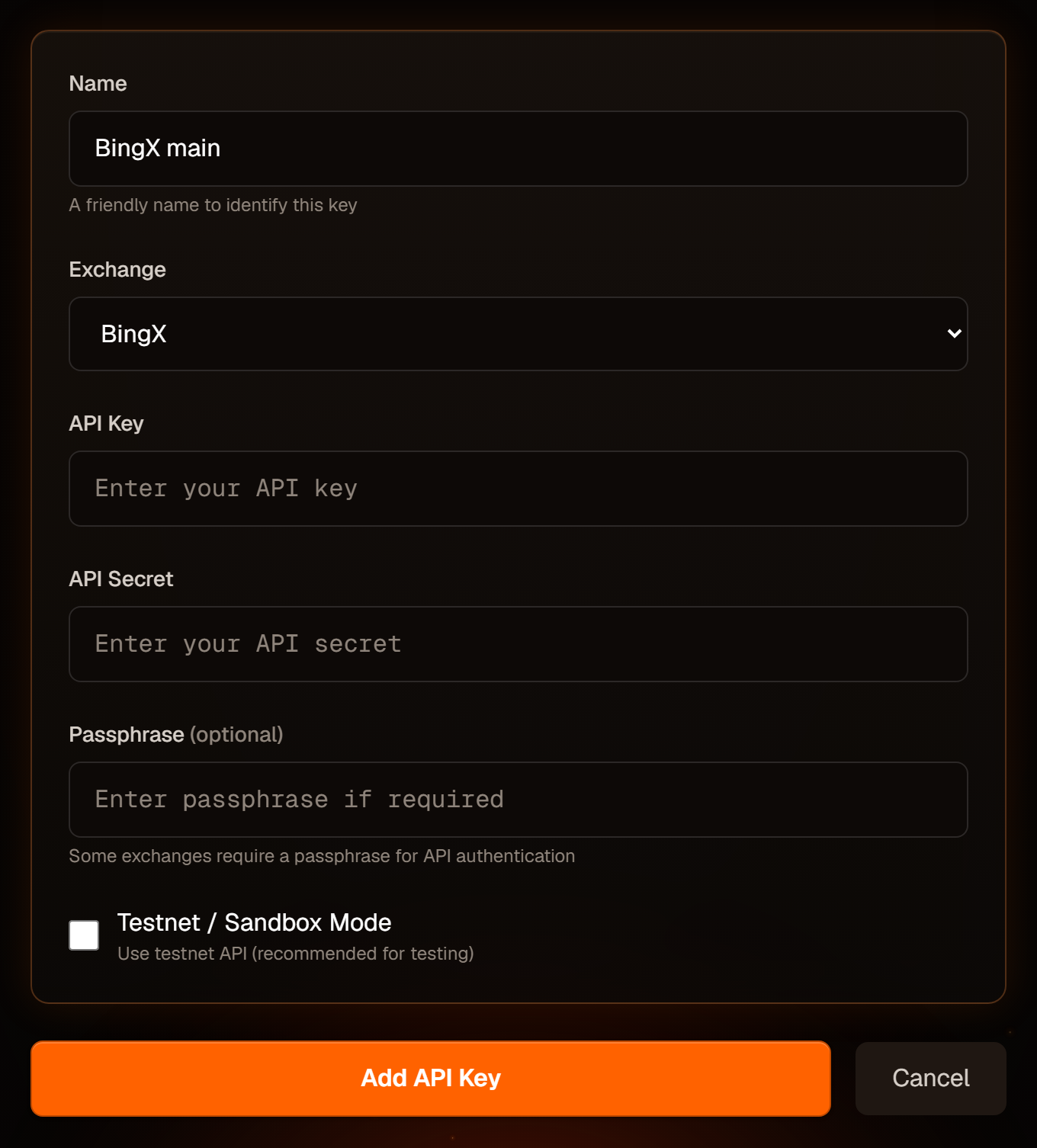 The Add API Key form with BingX selected. Note the testnet box is ticked by default for BingX.