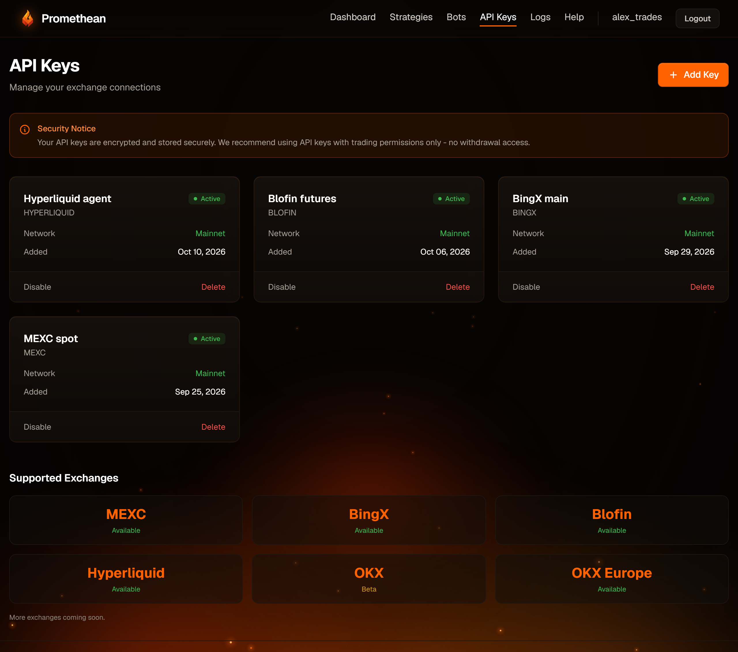 The API Keys page lists each key's exchange, status, network and date added.