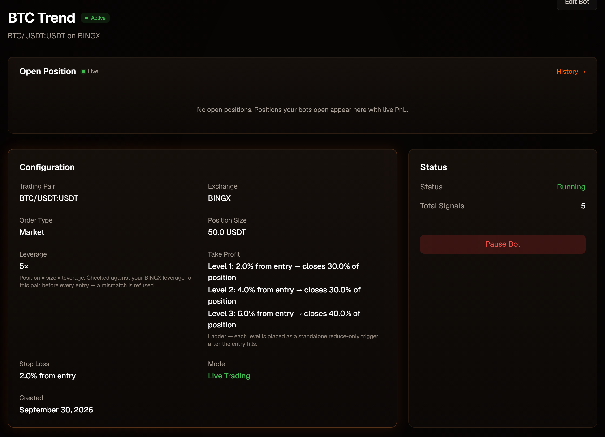 A bot's configuration card. "Mode" shows Dry Run or Live Trading.