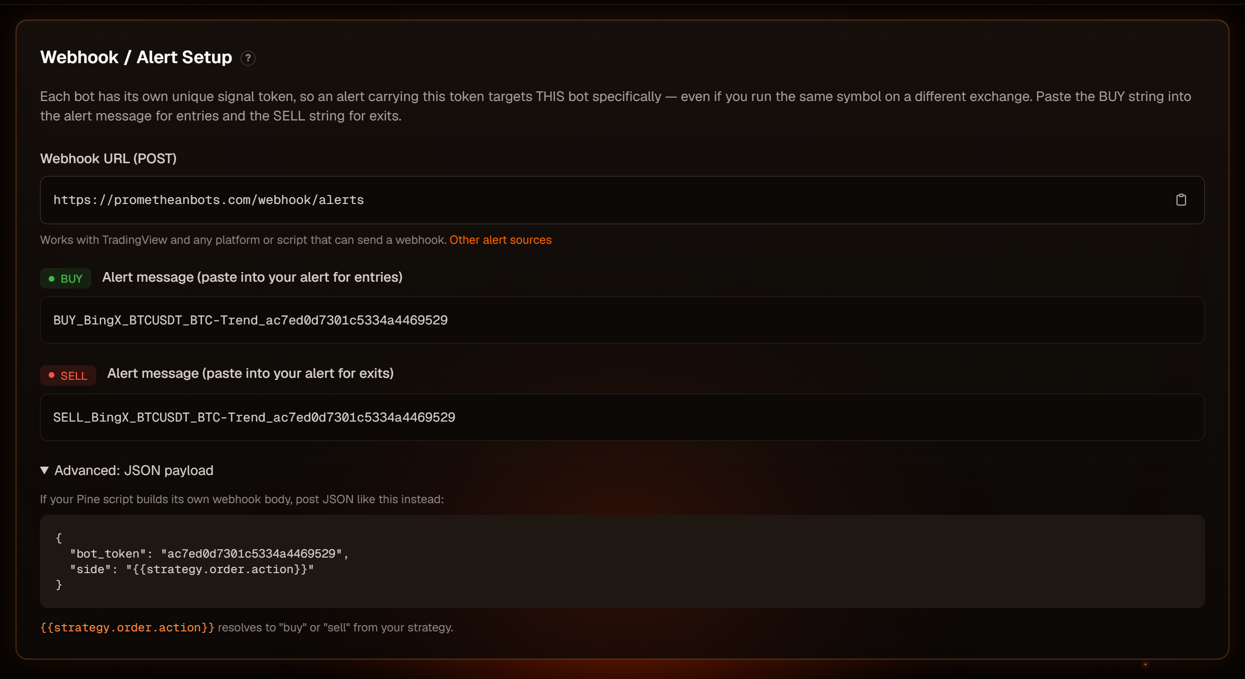 The JSON example on a bot's page.