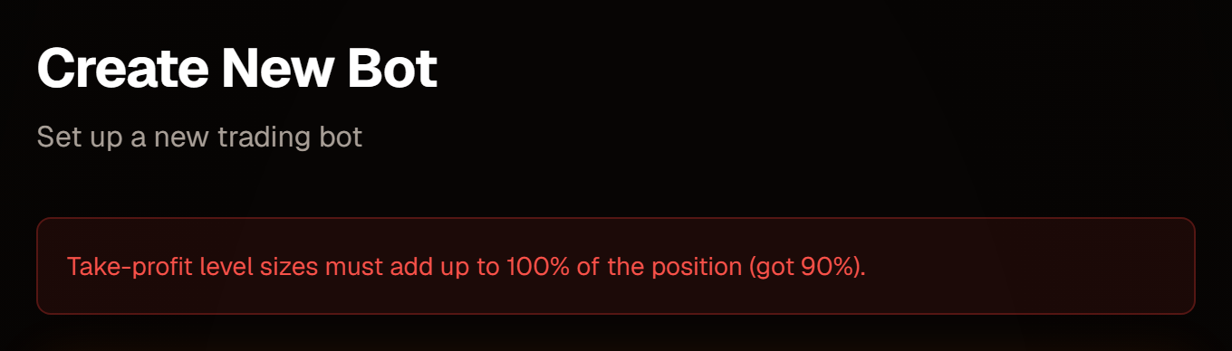 A ladder whose sizes don't add up to 100% is rejected with a clear message.