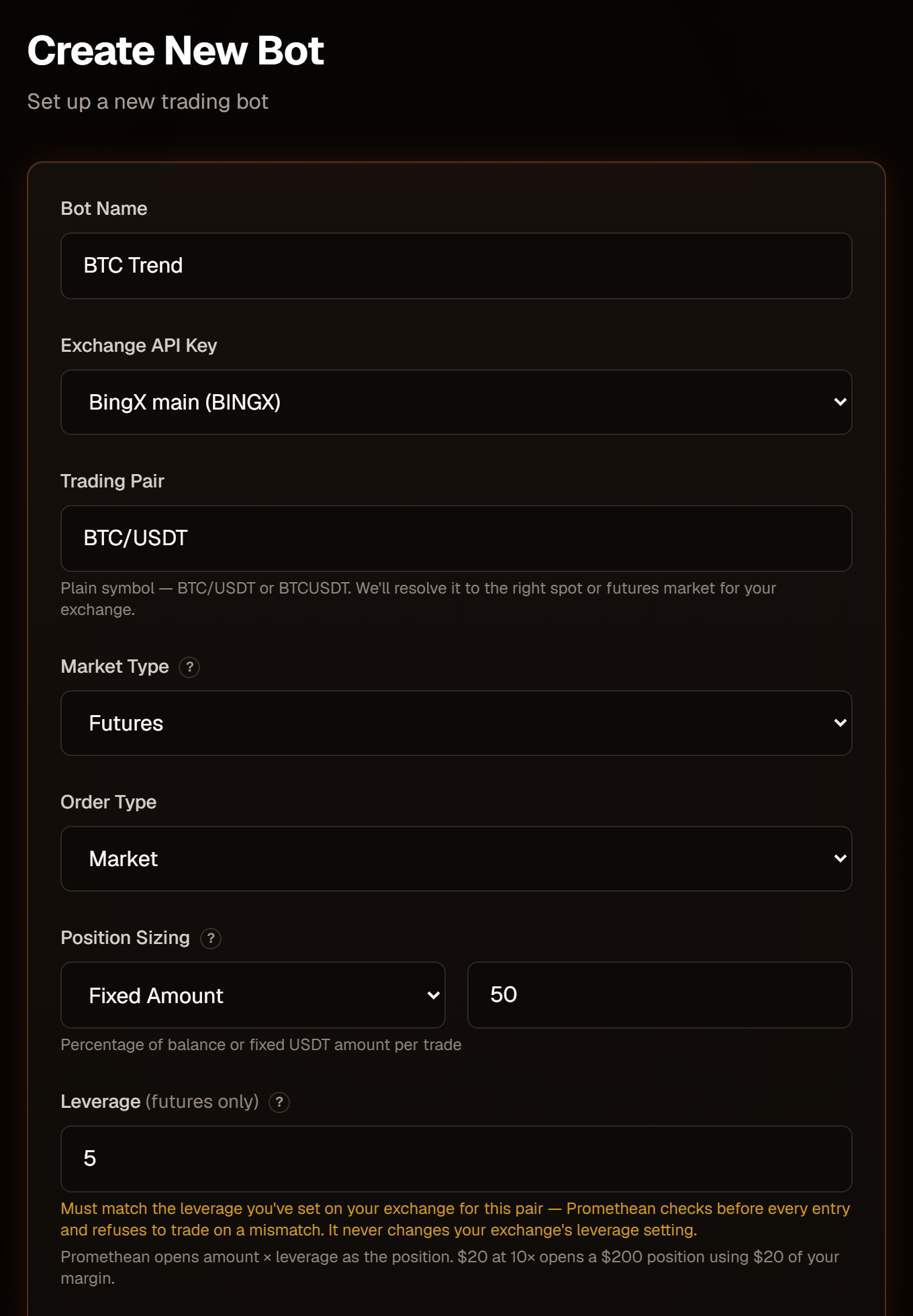 The top of the Create New Bot form.