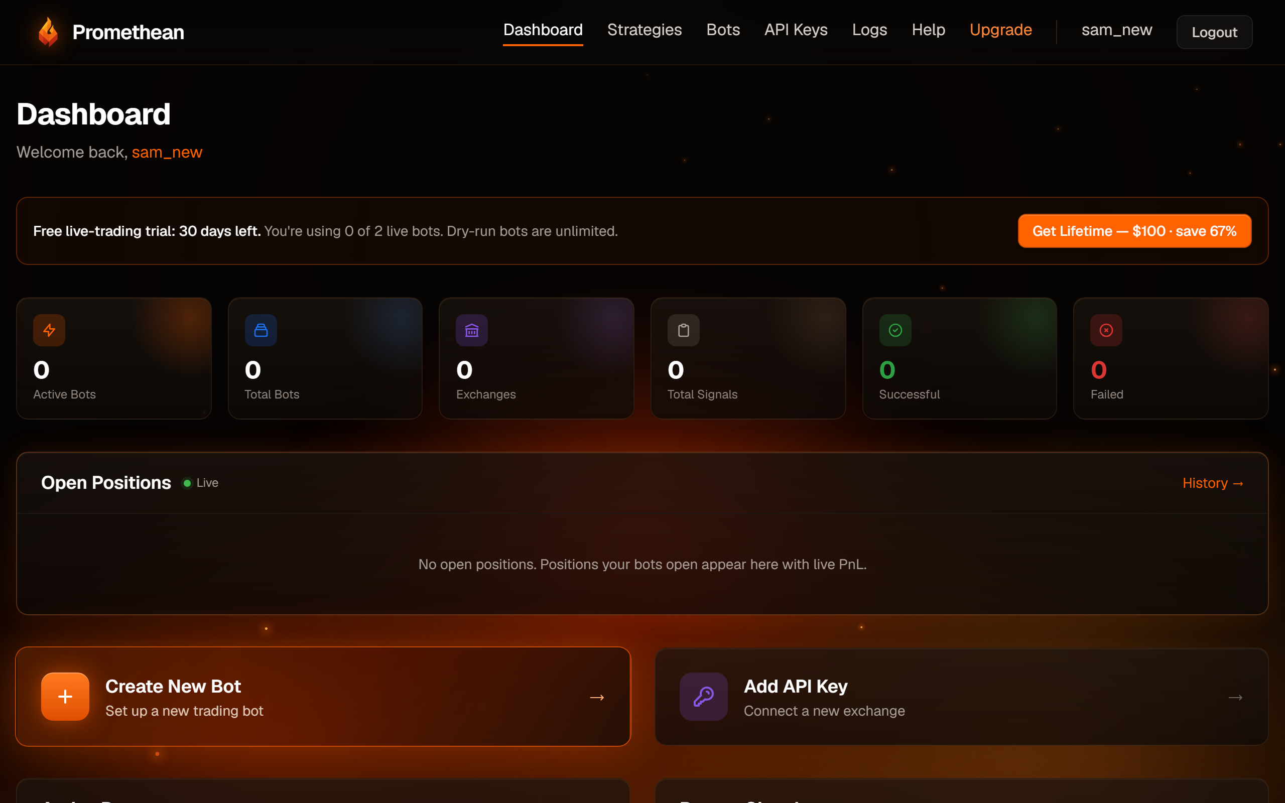 A brand-new dashboard. The two quick actions are where you start.