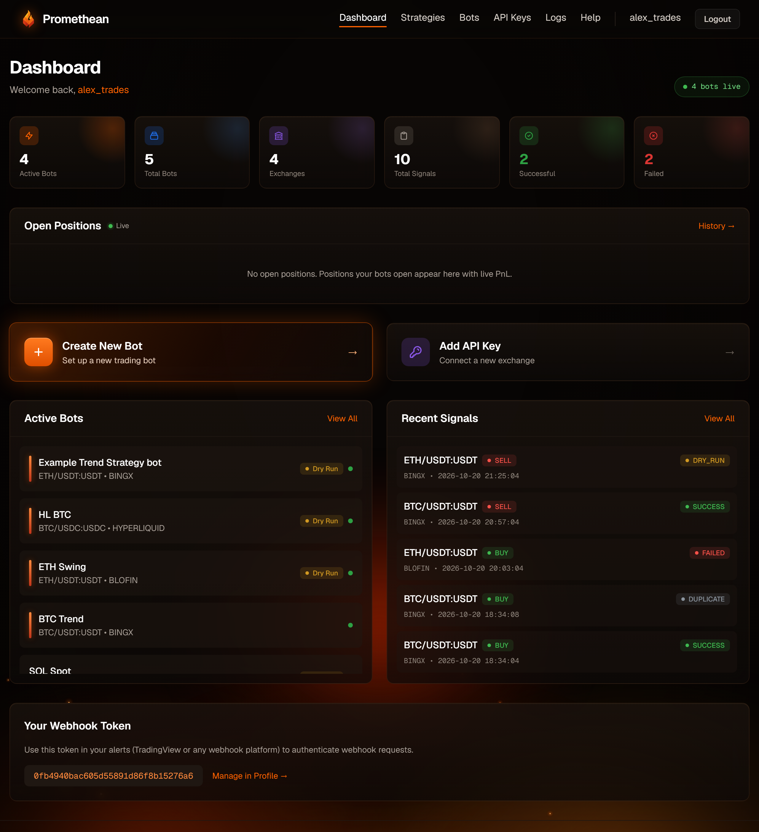 The dashboard with a few bots and recent signals.
