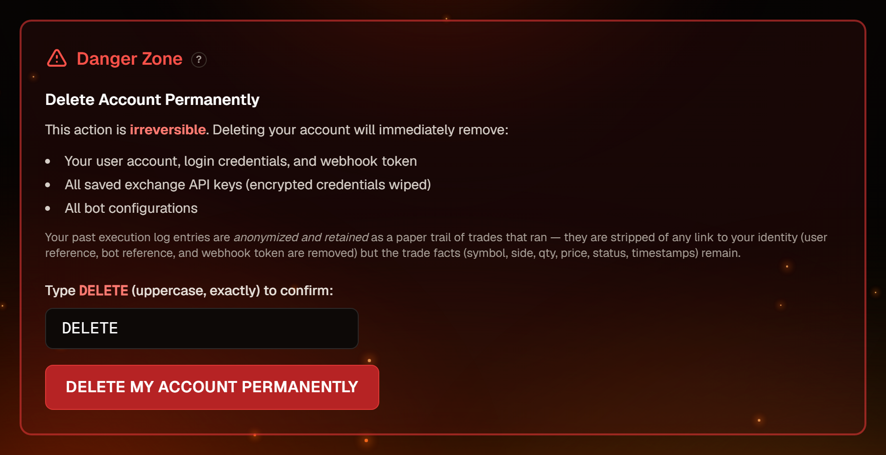Deleting an account requires typing DELETE.