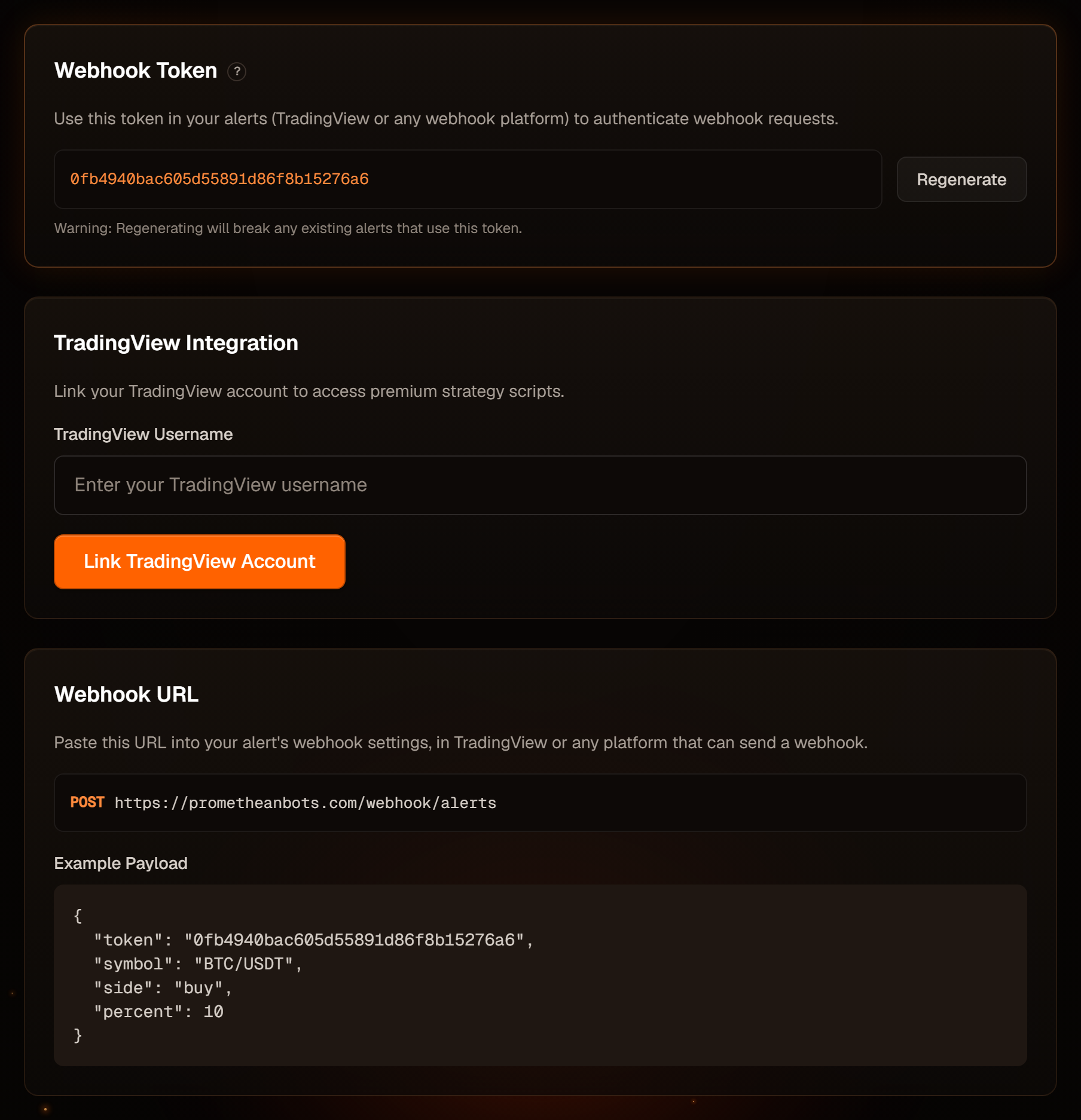 The webhook token and webhook URL on the Profile page.